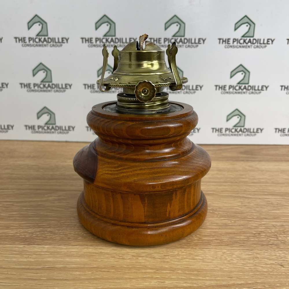 Vintage Turned Wood Oil Lamp Brass Burner Removable Metal Reservoir Brown 6.5in